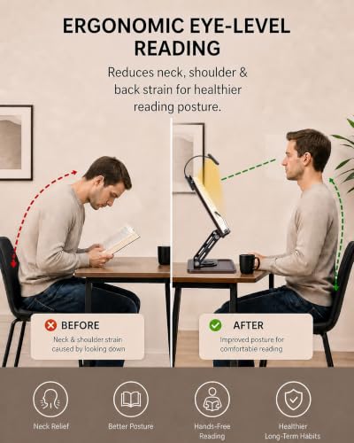 Adjustable Book Stand for Reading with Light, Book Holders for Reading Hands Free, Ergonomic Reading Stand for Cookbooks,Bibles,Laptop & Tablet with Page Clips & 360° Rotating Bases for Study & Office
