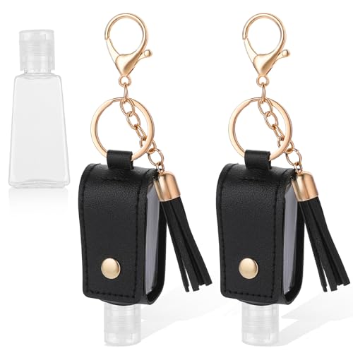 2Pcs Hand-Sanitiser Holder Keychain 30ml/1oz, Portable Handwashing Refillable Travel Bottles with Keychain Clip on Keychains Travel Containers Squeeze Bottles for Toiletry Lotion Liquid Soap (Black) - color: Black+black