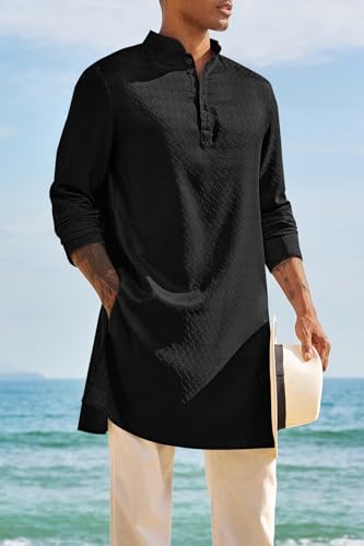 Runcati Mens Kaftan Thobe Textured Henley Shirt Long Sleeve Robe Casual Muslim Gown Shirt - color: Black, size: Medium