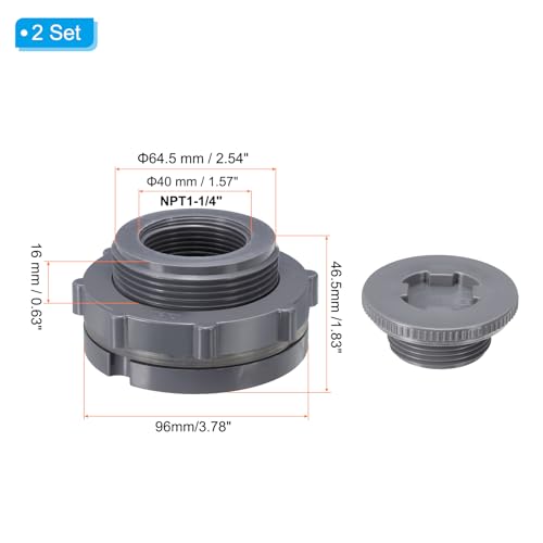 PATIKIL PVC Bulkhead Fitting with Plug NPT1-1/4", 2 Pack Bulkhead Water Tank Connector with Silicone Seal Gasket Garden Hose Fitting with Plug for Rain Bucket, Sinks, Aquariums, Gray