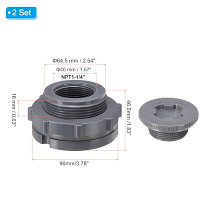 PATIKIL PVC Bulkhead Fitting with Plug NPT1-1/4", 2 Pack Bulkhead Water Tank Connector with Silicone Seal Gasket Garden Hose Fitting with Plug for Rain Bucket, Sinks, Aquariums, Gray