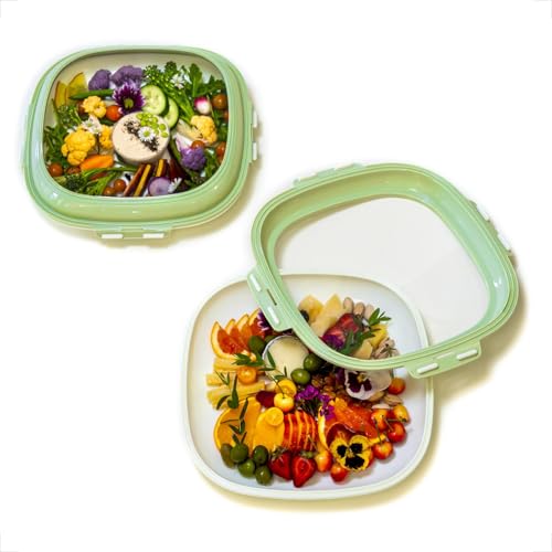 Crudités | Portable Snack Tray | Square 2-Pack | Sage Green | Reversible Stretch Lid Food Containers | BPA-Free, Freezer & Dishwasher Safe | Meal-Prep, Charcuterie, Salads, Picnic, Travel - size: Square, 2 Pack, Sage Green