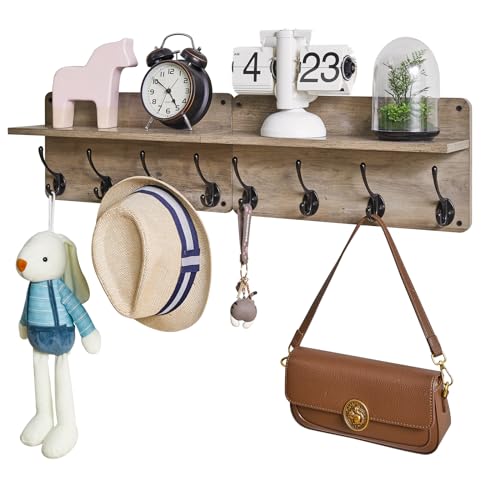 31.5" Coat Rack Wall Mount with Shelf and 8 Hooks, Silver Gray, HWS006Y-2 | 2 Pack Coat Hooks Key Holder Wall Mount, Wood Wall Mounted Coat Rack with Wall Hooks for Hanging, Towel Hooks for Bathroom - color: Silver Gray
