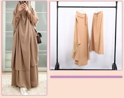 Womens Muslim Abaya Solid Prayer Dress Islamic Maxi Kaftan with Hijab Dubai Full Length 2 Piece Dress - color: 1khaki