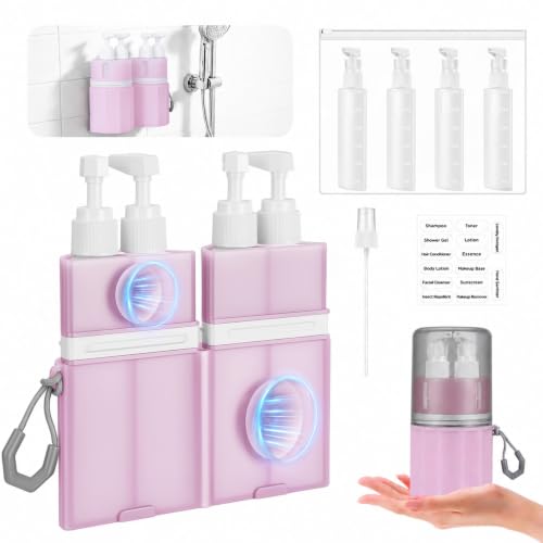 4 in 1 Travel Dispenser Bottles, TSA Approved Leak Proof Refillable Toiletry Containers with Vacuum Suction Cup for Smooth Walls, Pink Portable Empty Bottle Set for Shampoo Body Wash - color: Pink