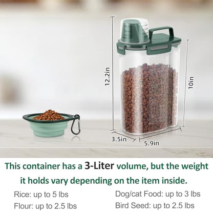 3 Lbs Pet Dog Food Storage Container for Bird Seed Rice Flour - Pine Green | Cat Food Containers with Collapsible Bowl for Travel Airtight 5 Lbs Rice Cereal Oatmeal Holder with Pour Spout Measuring Cup - color: Pine Green-3L
