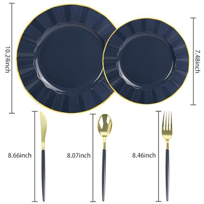 150Pcs Plastic Plates with Gold Rim,Heavy Duty Blue Plates for 30 Guests,Plastic Dinnerware Set Include 30 Dinner Plate,30 Dessert Plate,90 Gold Cutlery Set for Party (Blue) - color: Blue