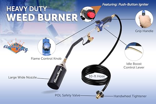 Flame King Propane Torch Kit Heavy Duty Weed Burner, 340,000 BTU with Piezo Igniter (Self Igniting), with 10-ft Hose for Weed Burning, Melting Ice and Snow, and Roofing - size: 340K BTU - Piezo Igniter