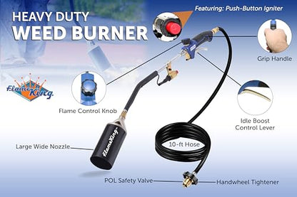 Flame King Propane Torch Kit Heavy Duty Weed Burner, 340,000 BTU with Piezo Igniter (Self Igniting), with 10-ft Hose for Weed Burning, Melting Ice and Snow, and Roofing - size: 340K BTU - Piezo Igniter
