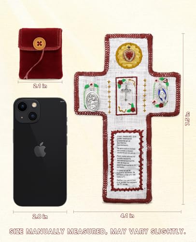 Onism Spanish Pocket Prayer Quilt with Cross, Catholic Gift, 3 Pack Red | Embroidered verses, Sacred Heart and saint medals, velvet fold-up pouch, sympathy and get well comfort for women - color: 3pcs Red – Small (No Pocket)