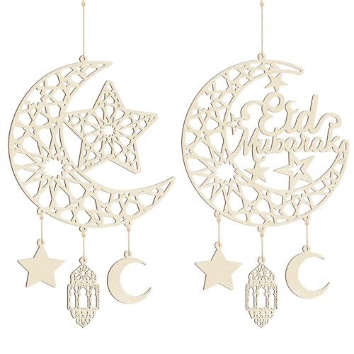 Hinsly 2 Pieces Eid Mubarak Door Sign Wooden Hanging Signs, Ramadan Kareem Hollow Ornament Decorations Moon and Stars, Moon Shape Ramadan Mubarak Party Wood Wall Hanger for Islamic Muslim Home Decor - color: White Star