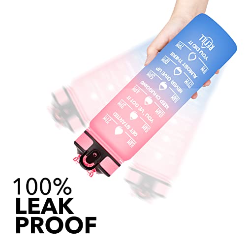 Hyeta Water Bottle with Straw & Time Marker, Plastic 32oz Leakproof | Motivational Tritan BPA Free Gym Office Outdoor Intake Tracker Hourly Reminder Straw Lid Carry Strap - color: Pink-Blue