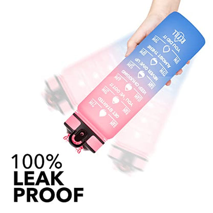 Hyeta Water Bottle with Straw & Time Marker, Plastic 32oz Leakproof | Motivational Tritan BPA Free Gym Office Outdoor Intake Tracker Hourly Reminder Straw Lid Carry Strap - color: Pink-Blue