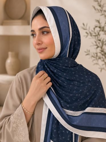 Satin Hijab Scarf for Women, Silk-Feeling Muslim Headscarf, Digital Bow Letter Print Head Wrap Shawl for Summer - color: Mlp004-navyblue
