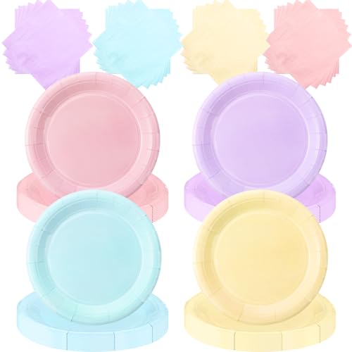 Zhehao 120 Pcs Disposable Paper Dessert Plates and Napkins Set, 7 Inch Party Cake Appetizer Plate with Napkin for Birthday Baby Shower Wedding Easter(Pink, Green, Purple, Yellow) - color: Pink, Green, Purple, Yellow