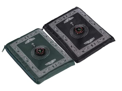 2 Pieces Muslim Travel Prayer Mat,Islamic Prayer Rug,Muslim Prayer Carpet,with Compass Pocket Sized Carry Bag,and Attached Compass,Travel Prayer Mat with Compass(Green,Black)