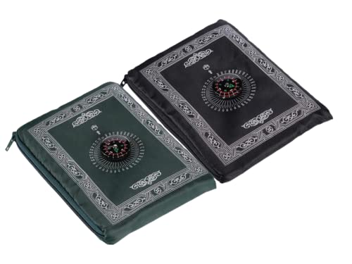 2 Pieces Muslim Travel Prayer Mat,Islamic Prayer Rug,Muslim Prayer Carpet,with Compass Pocket Sized Carry Bag,and Attached Compass,Travel Prayer Mat with Compass(Green,Black)
