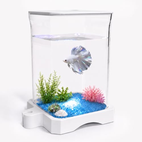 0.5 Gallon Betta Fish Tank Aquarium Starter Kit with Light and Lid(White) | Premium Acrylic Aquarium with Light and Lid, Crystal Clear Starter Kit for Betta Fish, Shrimp, Snails and Small Fish - color: White, size: 0.5 Gallon