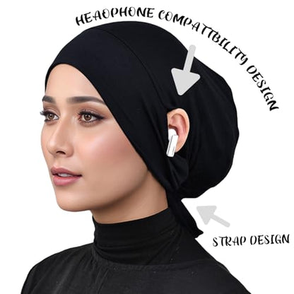 Hijab Undercaps Slouchy Beanies Cap Soft Hijab Caps Under Scarf for Women Muslim Jersey Inner Beain-Cap - color: Black+beige
