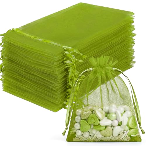 FUNFERY 100Pcs Green Organza Bags 3x4 in,Small Mesh Drawstring Gift Bag - color: Green-3"x4"