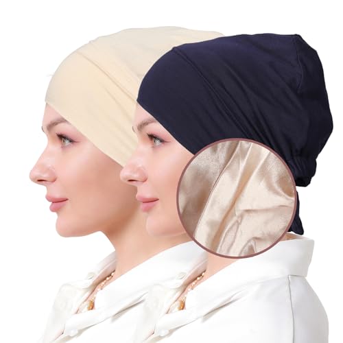 Women Under Hijab Cap Islamic Underscarf Turbans for Women Solid Color Hijab Bonnet Caps Muslim Scarf Inner Cap - color: Navy+beige