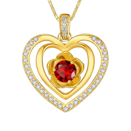 18K Yellow Gold Rose Birthstone Necklace 12 Months Rose Flower Birthstone Necklace Birthday Jewelry Gifts for Women Mom Her - color: 01-January