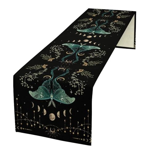 Beautiful Moth Table Runner, Moon Phase Plant Mushroom Butterfly Gothic Witchy Celestial Boho Table Runner for Home Kitchen Dining Patio Holiday Party 13x36in - color: Moth-1, size: W13''xL36''