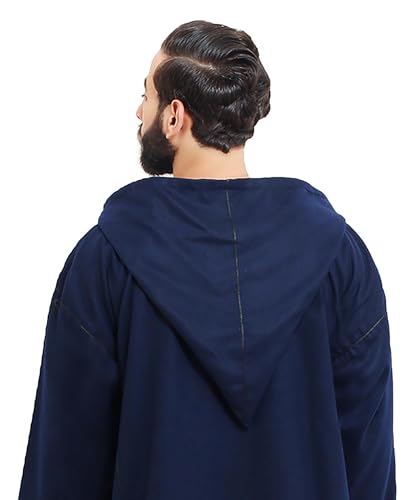 Moroccan Men Djellaba with Hood – Handmade Winter Jellaba Cotton Kaftan with Delicate Embroidery, Caftan Fits L–XL - color: Navy