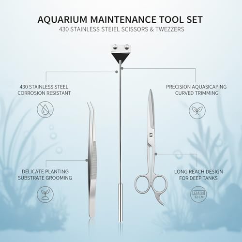 Aquarium Maintenance Tool Set - 430 Stainless Steel Long Reach Scissors, Tweezers & Sand Shovel for Fish Tanks - size: 18.9 x 1.97 x 1.97 in