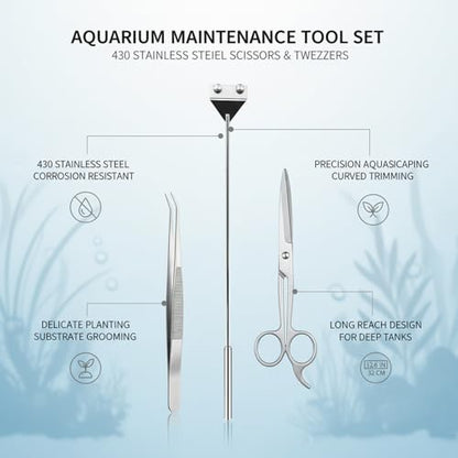 Aquarium Maintenance Tool Set - 430 Stainless Steel Long Reach Scissors, Tweezers & Sand Shovel for Fish Tanks - size: 18.9 x 1.97 x 1.97 in