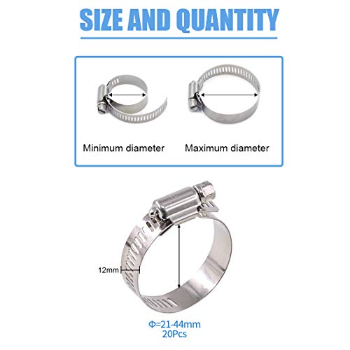 Glarks 20Pcs 304 Stainless Steel Adjustable 21-44MM Range Worm Gear Hose Clamps Assortment Kit, Fuel Line Clamp for Water Pipe, Plumbing, Automotive and Mechanical Application (21-44MM) - size: 21-44MM
