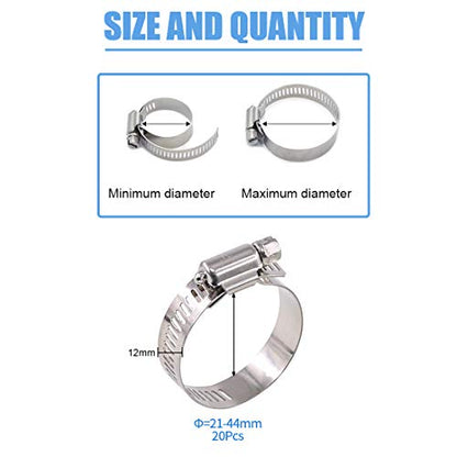 Glarks 20Pcs 304 Stainless Steel Adjustable 21-44MM Range Worm Gear Hose Clamps Assortment Kit, Fuel Line Clamp for Water Pipe, Plumbing, Automotive and Mechanical Application (21-44MM) - size: 21-44MM