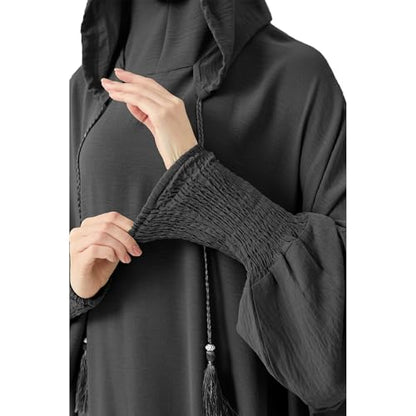 Abaya Muslim Dress Women Prayer Dress Long Sleeve Hooded Loose Maxi Dress Arabian Dubai Islamic Clothes - color: Dark Gray