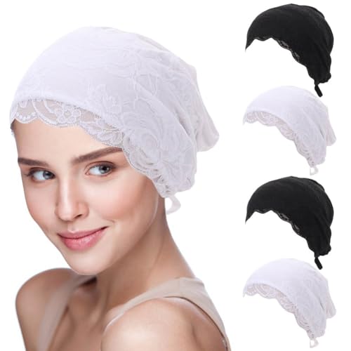4 Pcs Lace Cotton Elastic Inner Beanies Cap for Islamic Muslim Hijab Undercap with Tie Back Closure Under Scarf Hat - color: Black & White