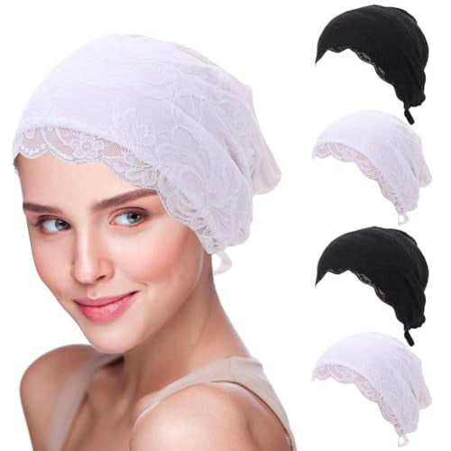 4 Pcs Lace Cotton Elastic Inner Beanies Cap for Islamic Muslim Hijab Undercap with Tie Back Closure Under Scarf Hat - color: Black & White