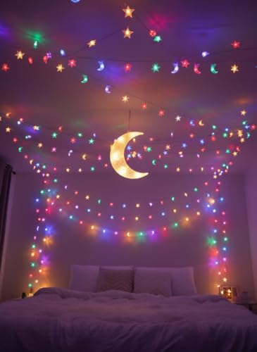 Star and Moon String Lights, 30 LED Battery Powered Fairy Lights, Waterproof for Outdoor Indoor Decor, Bedroom, Patio, Garden, Party, Wedding - style: Star and Moon