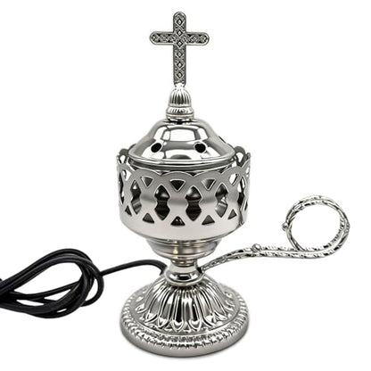 Electric Incense Burner, Frankincense Charcoal Incense Stand, Bakhoor Incense Burner Holder, Ideal for Aromatherapy, Yoga and Spa, Home and Christian Church Censer (Silver)