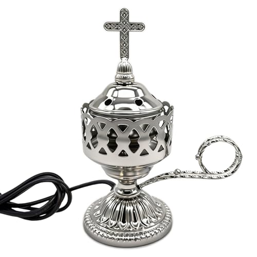 Electric Incense Burner, Frankincense Charcoal Incense Stand, Bakhoor Incense Burner Holder, Ideal for Aromatherapy, Yoga and Spa, Home and Christian Church Censer (Silver)
