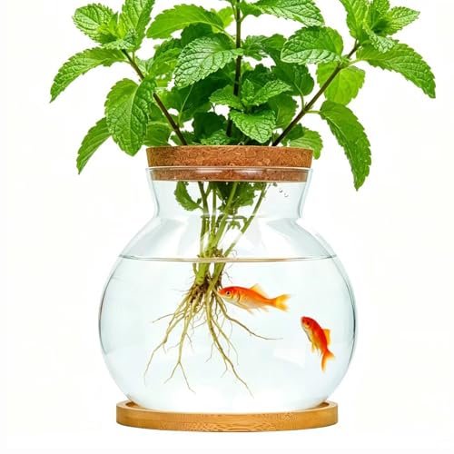 0.5 Gallon Betta Fish Tank, Desktop Aquarium Kit for Betta Goldfish, Glass Fish Bowl with Lid and Stand, Office Home Decor