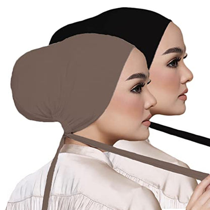 Women Under Scarf Hat Hijab Undercap Islamic Muslim Under Scarf Hijab Cap with Tie-Back Closure - color: Black+khaki