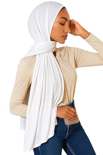 Premium Bamboo Jersey Hijab Scarves -Turban Head Wraps for Women, Fashion Headbands Long Plain Muslim Shawls - color: White
