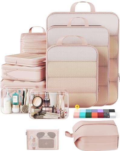 Veken 11-Pack Compression Seting Cubes for Travel Essentials,Compressible Expandable Luggage Organizer Bags for Clothing,Space Saver Bags with Over 1000 pcs of Mesh Holes(Beige) - color: Beige, size: 11 set