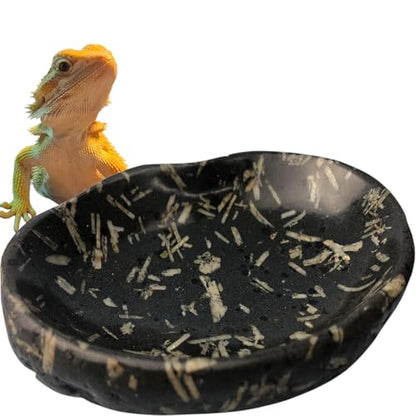 Natural River Stone Reptile Food Bowl - Handmade Pebble Dish for Reptiles, Amphibians, Hedgehogs, and Small Pets - Unique Size, Shape & Color - Water & Food Bowl (Black)