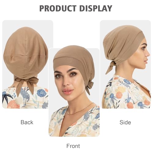 XEPST 2 PCS Hijab Undercap for Women, Islamic Muslim Under Hijab Cap Satin Lined Undercap Tie Back Bonnet Inner Head Scarf Head Wraps Hair Turbans for Women Chemo Headwear Sleep Cap, Black+Khaki