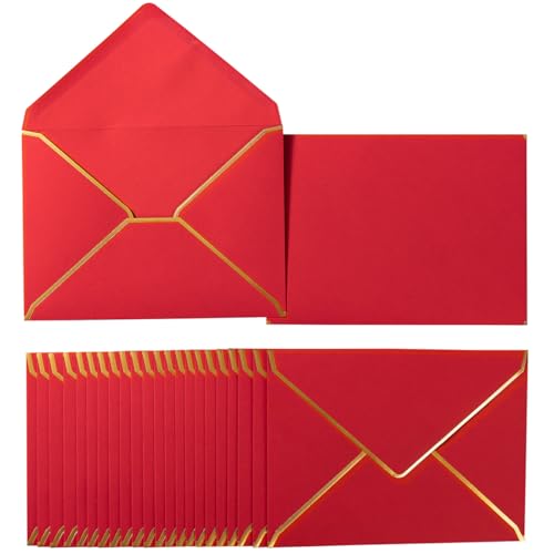 50 Pack A7 Envelopes Red 5 x 7 with Gold Border | Self-Adhesive, V Flap, For Wedding, Graduation, Baby Shower, Parties, Invitations - color: Red, size: A7 (5.32x7.28)