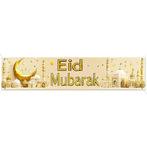 BlissYard Eid Mubarak Large Banner Backdrop 79x18Inch Festive Celebration Display for Eid Al-Fitr Al-Adha Islamic Holiday Wall Banner for Photo Background Ramadan Indoor Outdoor Event Decor