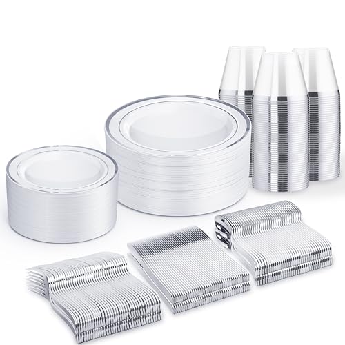 WELLIFE Silver Plates, Plastic Dinnerware Set for 50 Guests, 300 PCS - color: Silver, size: 50 Guests