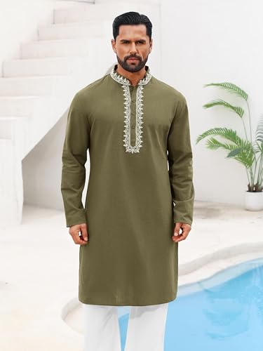 Runcati Mens Kaftan Thobe Cotton Henley Shirt Long Sleeve Embroidery Robe Casual Kurta Muslim Gown Shirt - color: Army Green, size: X-Large