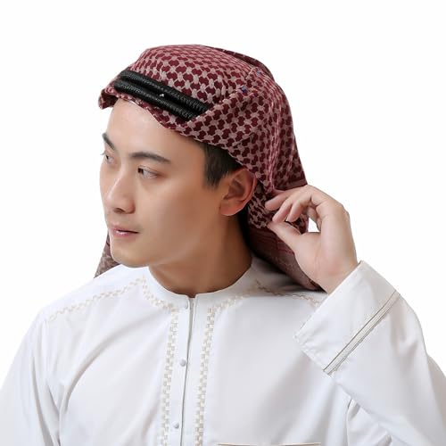 PURFUN Men's Large Arab Shemagh Headscarf Muslim Headcover Shawl Keffiyeh Arabic Scarf - color: Brown&red/Cotton