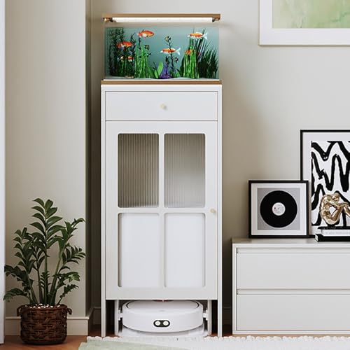 HARELA Robot Vacuum Stand Hidden Cabinet, Sweeping Robot Storage Rack with Doors and Drawer, Side Table Storage Cabinet for Living Room, Bedroom, Home(White,40x45x103.6cm) - size: 40x45x103.6cm